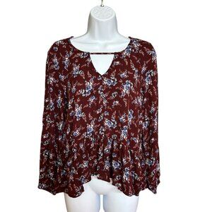 American Eagle Outfitters Burgundy Floral Peplum Keyhole Blouse